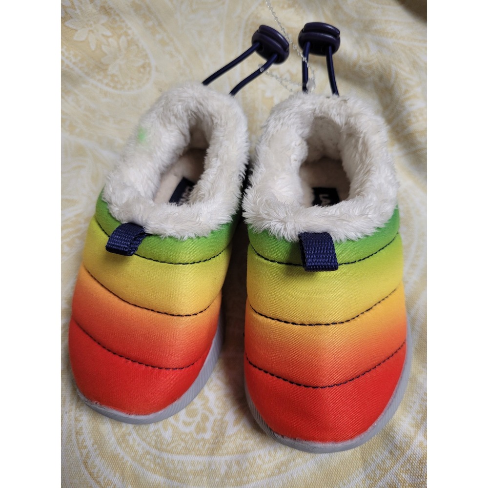 Lands End Kids Rainbow Ombre Puffer Slippers Faux Fur Lined House Shoes 7 Inch